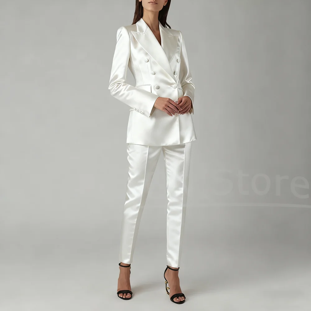 

Модные атласные брючные комплекты, шикарные двубортные костюмы с острым лацканом, двубортные комплекты из 2 предметов для выпускного вечера, офисные женские женские костюмы (пиджак + брюки)