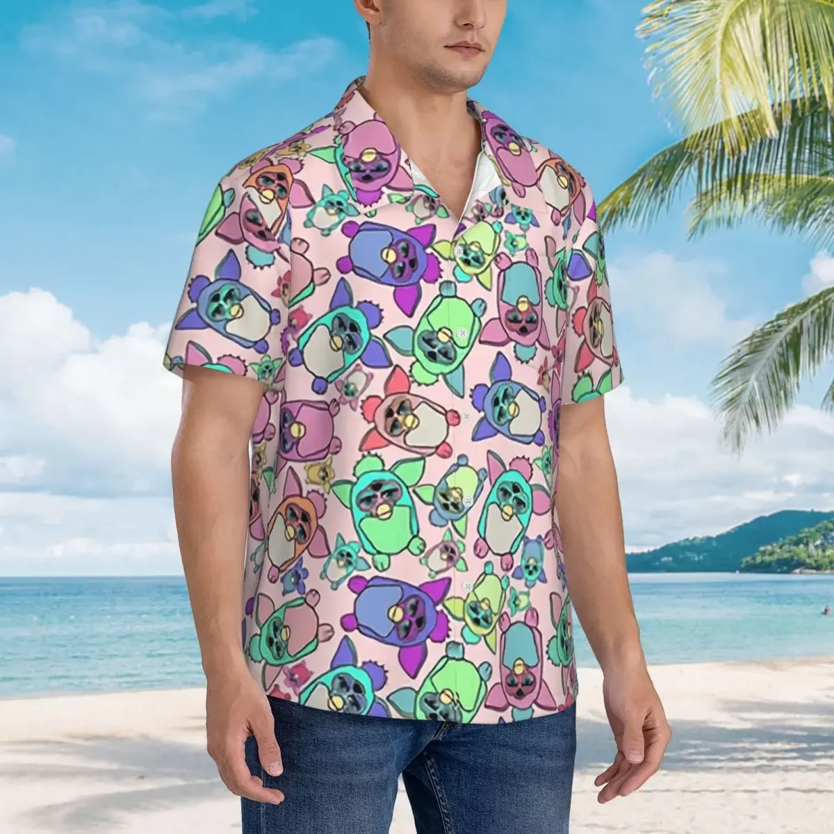 Furby Army (1) Camisas hawaianas de moda para hombre, camisa de manga corta para verano, camisetas con solapa para hombre