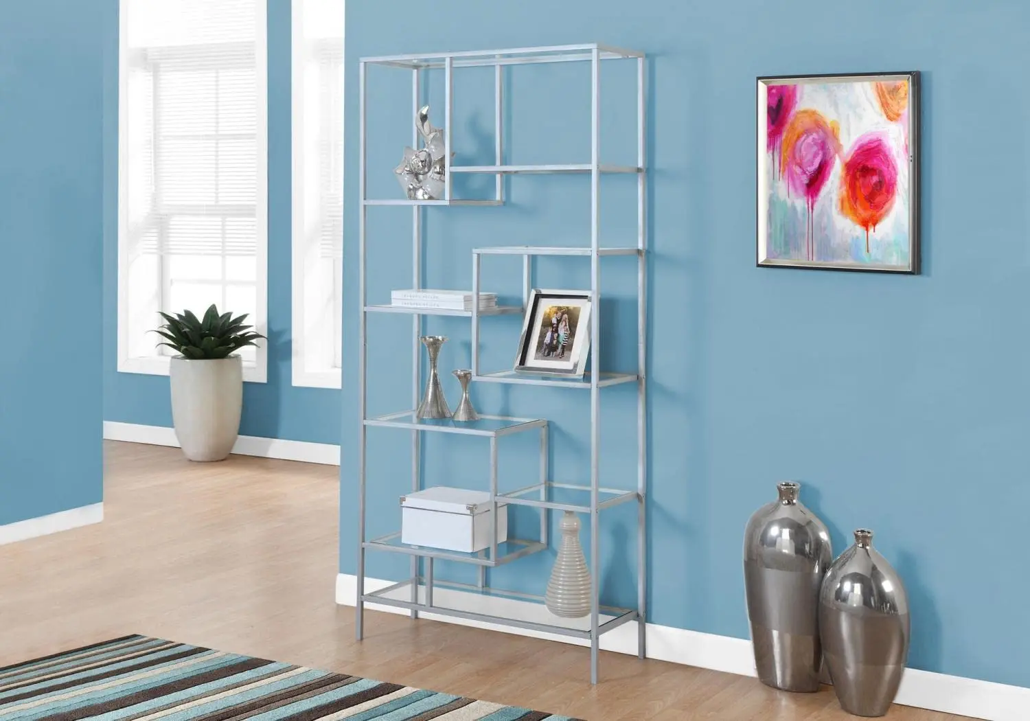 72 Inch Silver Glass Bookcase with 5 Tier Open Storage for Home Office Living Room Display, Customized