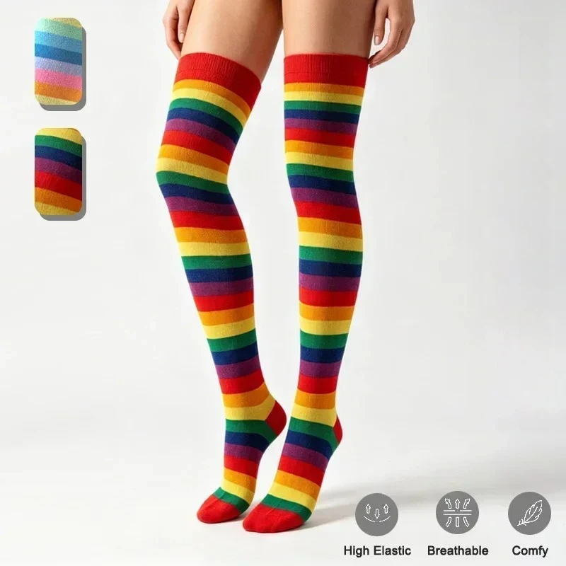 1-6Pairs Rainbow Striped Over Knee Socks Women Thigh High Stockings for Party Performance Halloween Cosplay Long Legwears