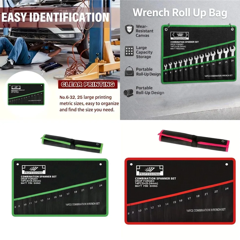 Auto Repair Wrench Storage Bag Open Wrench Storage Bag Multifunctional Tool Kit 14-Pocket Roll Tool Bag Portable Organizer 2026