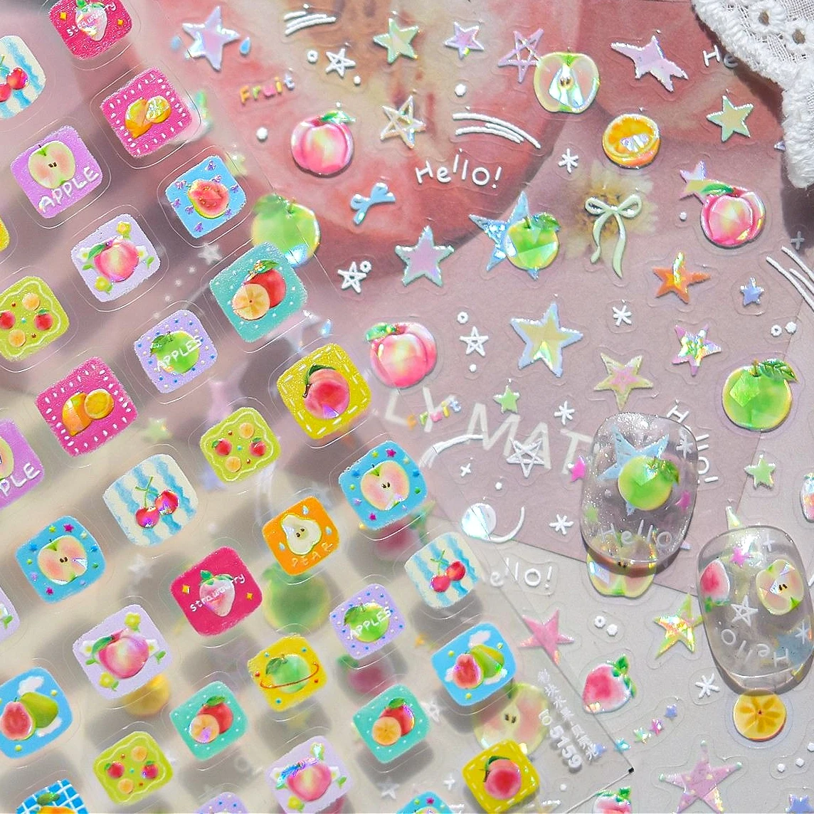 

Colorful Fruits Peach Apple Star Bowknot Cake Donut Fork Cherry Watermelon Summer Kiwi Lemon Candy Food Nail Art Stickers Decals
