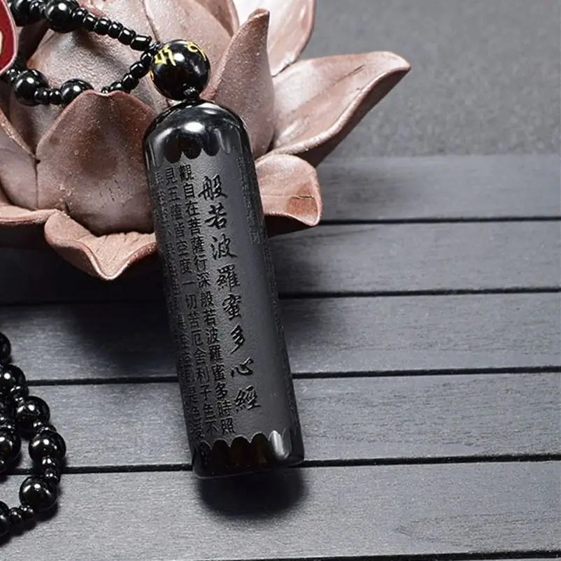 

Obsidian Pendant Prajna paramita Sutra Buddha Necklace Pendant With Lucky Beads Chain Fashion Jewelry For Men women