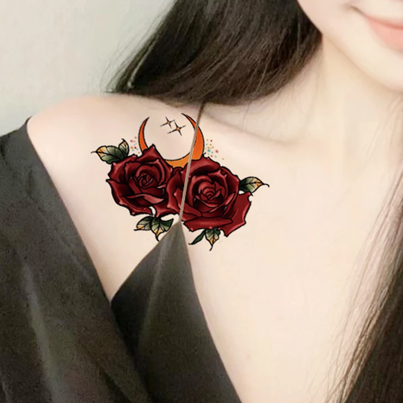 Tattoo Stickers Sexy Red Rose Color Flowers Fake Tattoos Waterproof Temporary Arm Belly Hand Tatoos for Women Men Makeup Art