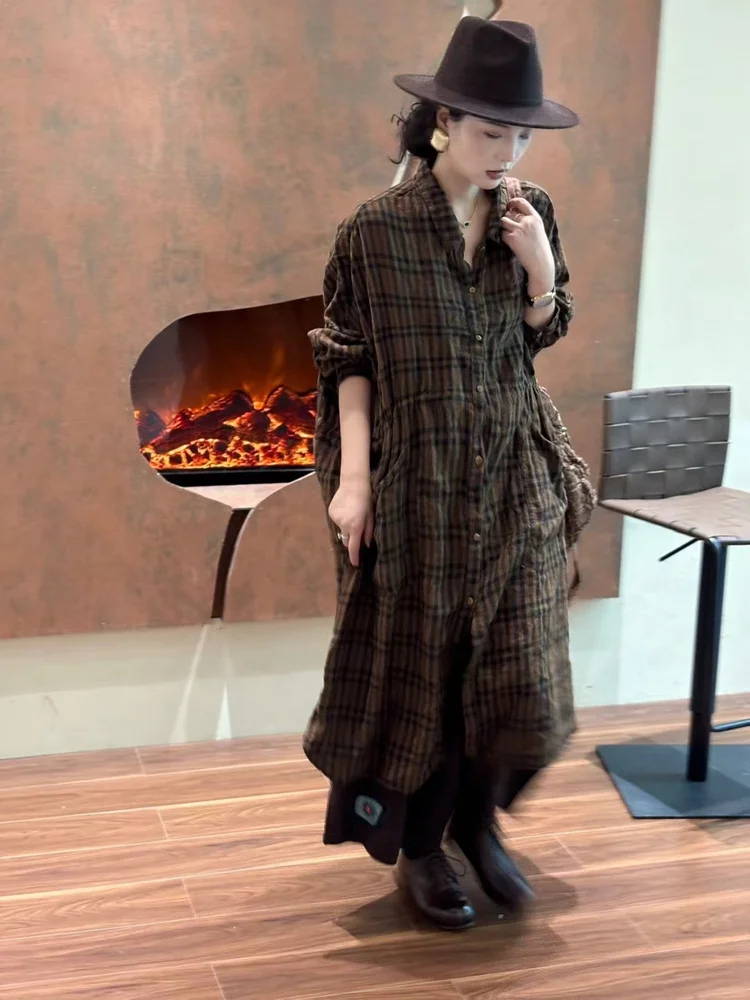 

Artistic Sle Plaid Long irt Dr Cotton Linen Autumn Winter New Arrival Loose Fit Women's Faion Ele Gown