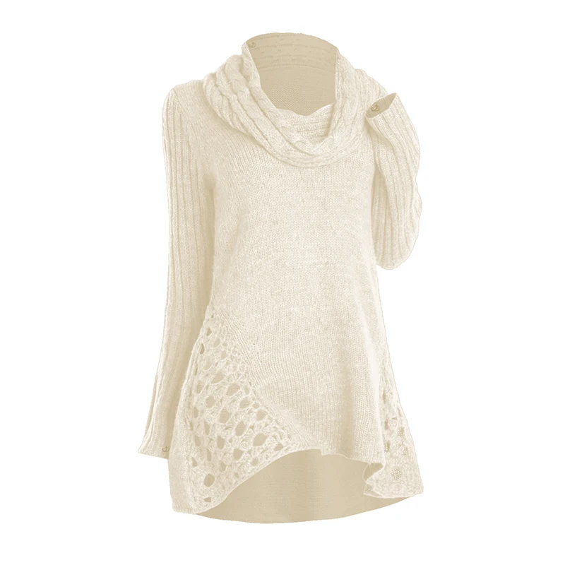 Dressfo Women's Sweater Fall Winter Solid Color Hollow Out Long Sweater Cowl Neck Long Sleeve Casual Sweater