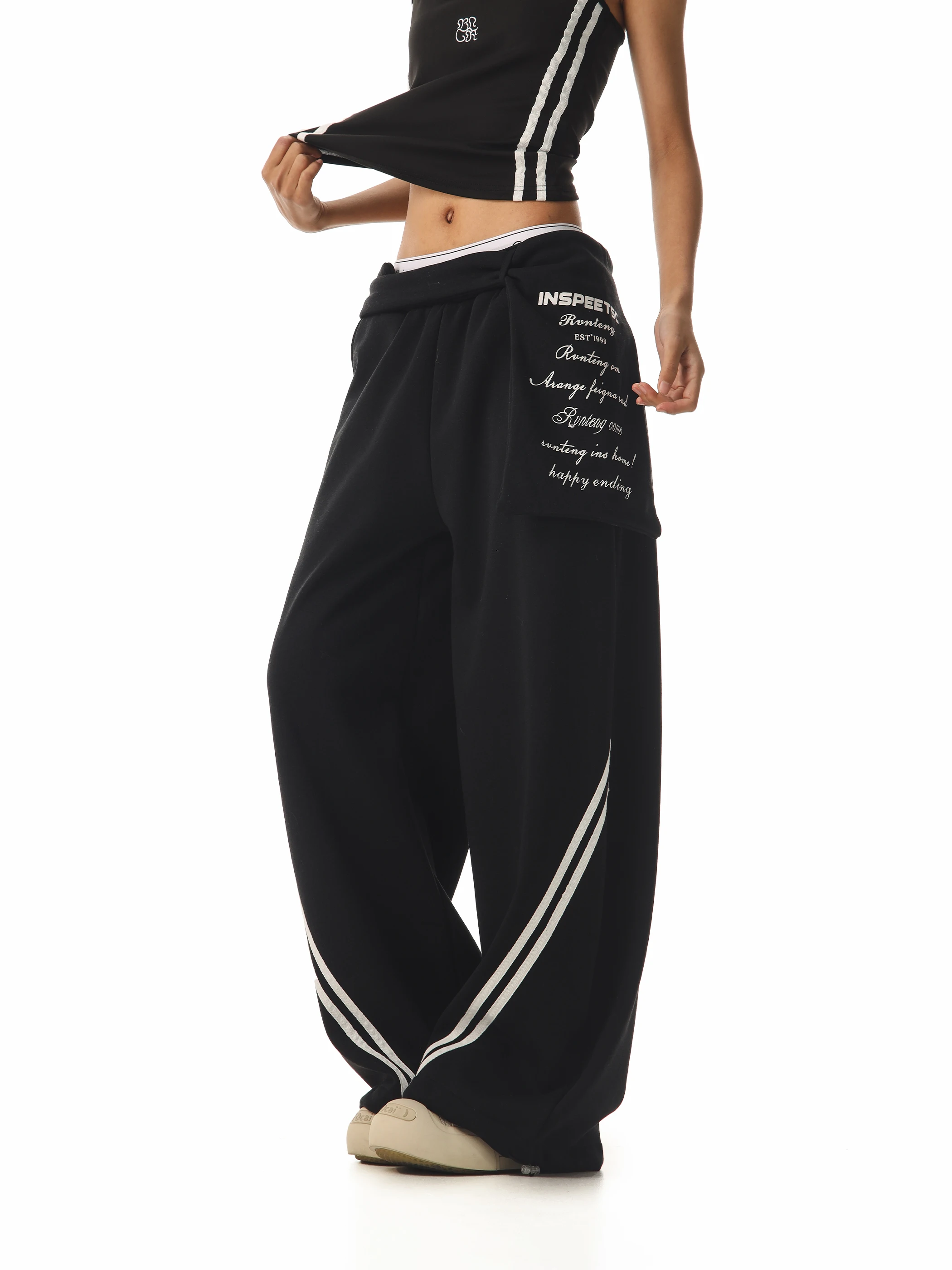 

Bla Fce Lined Loose Wide Leg Pants Women's Casual Trousers Beer Captain Patchwork Stripe Waist Layering Pants