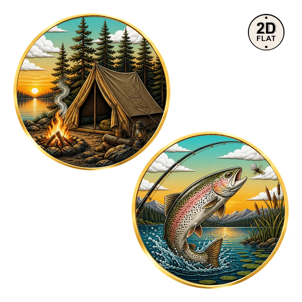 1pc Outdoor Camping & Fly Fishing Collectible Coin Tent Campfire Rainbow Trout Metal Token Fisherman Gift Party Favor Souvenir