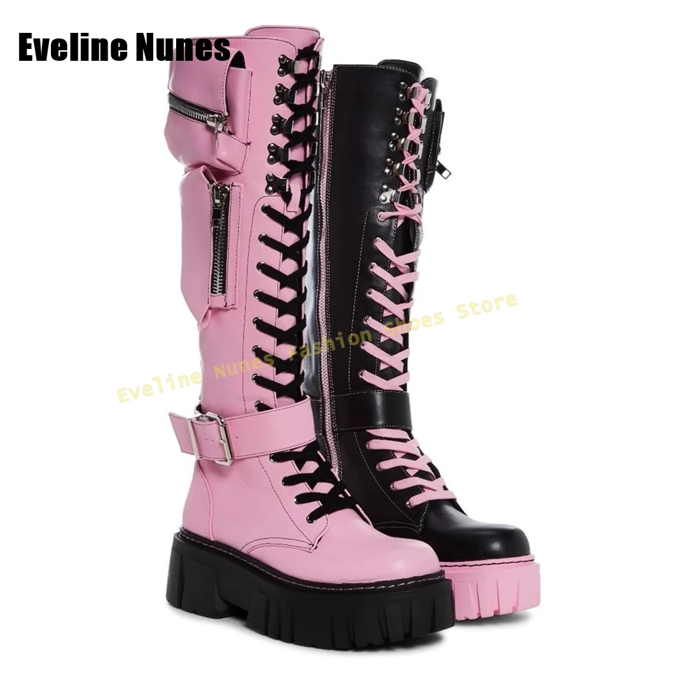 Pocket Decoration Lace Up Boots Round Toe Chunky Heels Pink and Black Patchwork Sweet Cool Style Knee High Boots Punk 2025 Trend