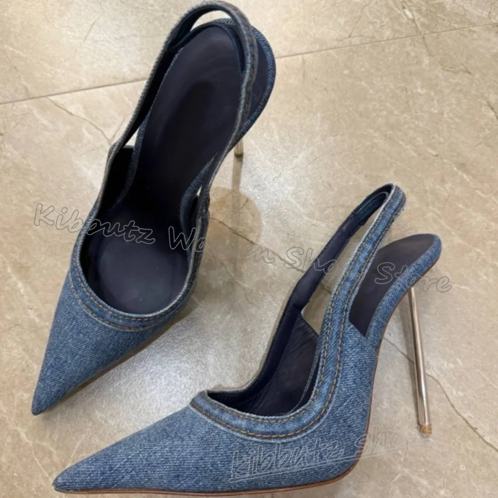 

Denim Pumps Pointy Thin High Heels Slip-On Solid Color Fashion Elegant Concise Sexy Luxury Women Party Wedding High Shoes Newest