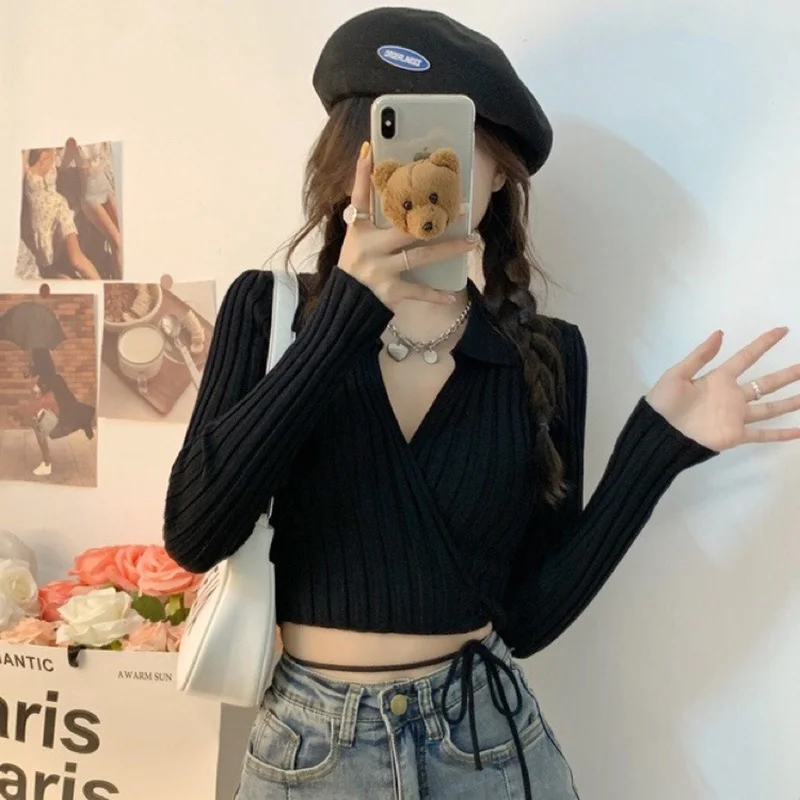 

Pure Desire Short Knitted Top Women's High Waist Sexy Belly Button Baring Belt Design Unique Small Audience Spring Autumn