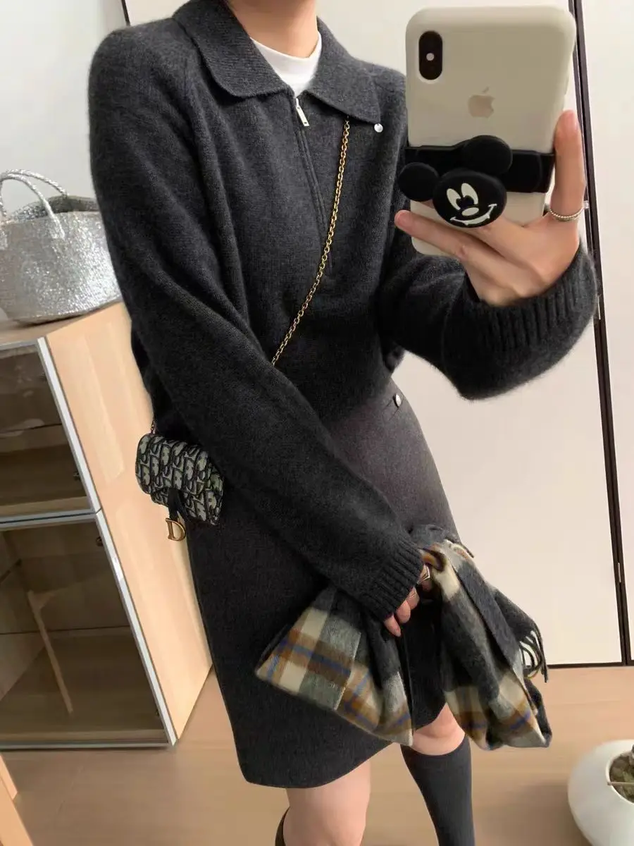 POLO collar 100% pure cashmere sweater women's pullover sweater high-grade solid color wool knitwear top