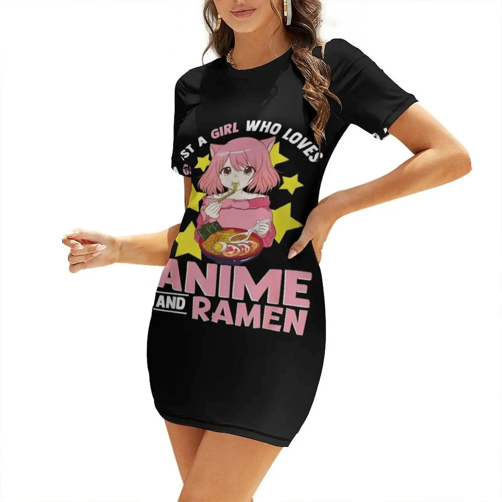 

Just A Girl Who Loves Anime and Ramen Bowl Japanese Noodles Short-Sleeved Dress Dress woman Dance dresses evening dress woman