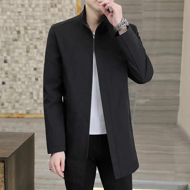 

Casual Mid-Length Jaet for Men Spring Autumn New Sle Large Size Stand Collar Polyester Busin Gentleman Sle Long Sve