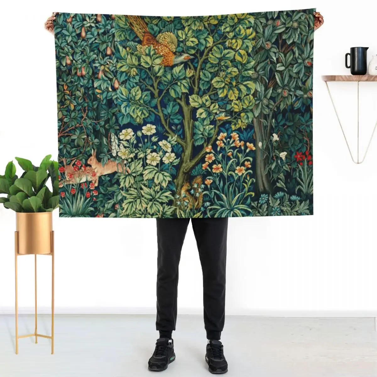 

GREENERY,FOREST ANIMALS Pheasant on Tree,Squirrel,Hares,Blue Green Floral Tapestry Throw Blanket