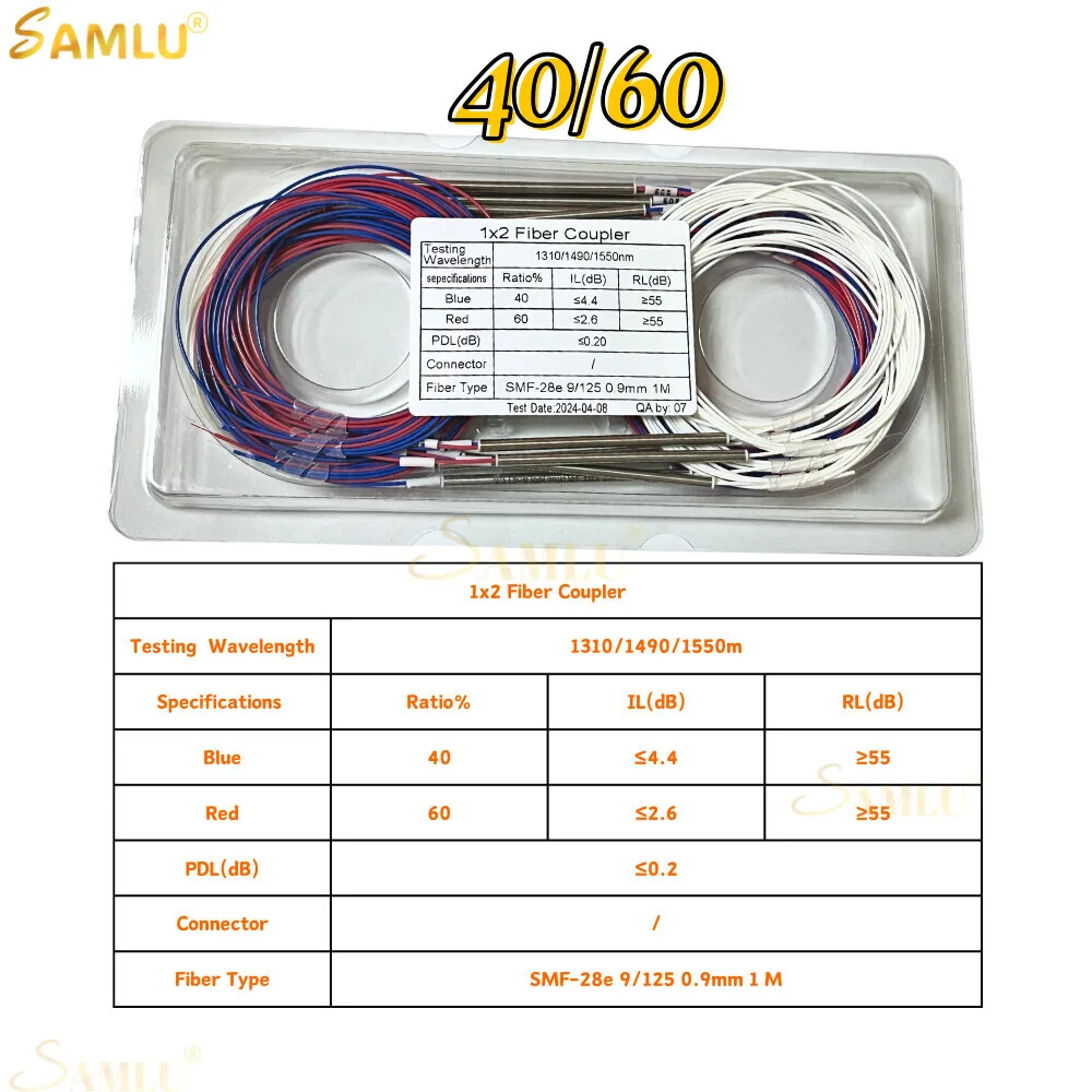 

10Pcs 40/60 1X2 Fiber Optic FBT Splitter Various Types 1X2 0.9Mm Ulanced Coupler Without Connectors