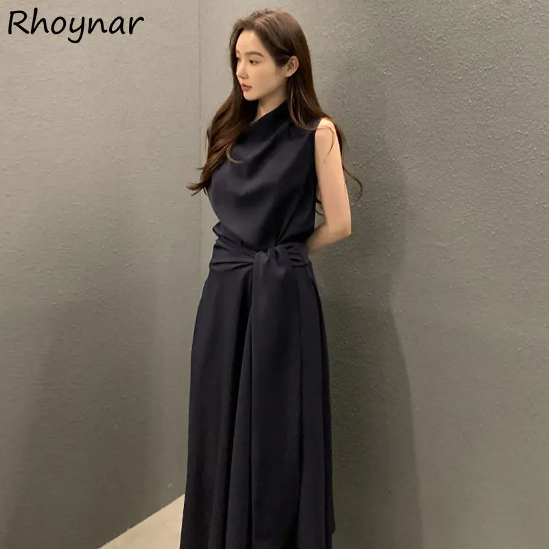 

Solid Dresses Women Summer Korean Style Casual Simple Bandage Sleeveless Pile Collar Temperament Elegant Office Ladies Daily