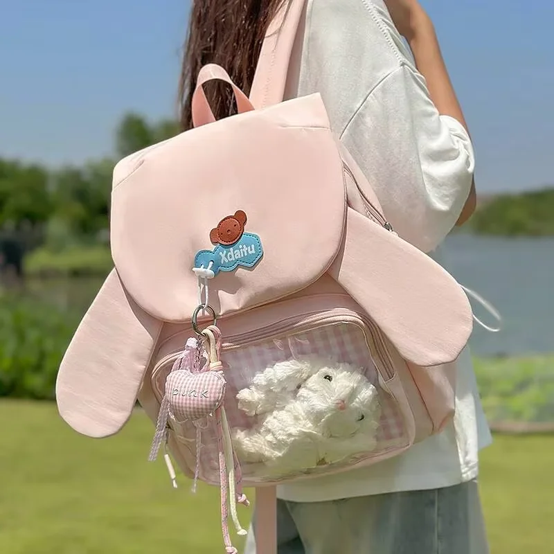 Y2k Bow Rabbit Ear Japanese Ita Backpack Lolita Girl's Transparent Bag Cute High Capacity Rucksack Preppy Style Ruffled Knapsack