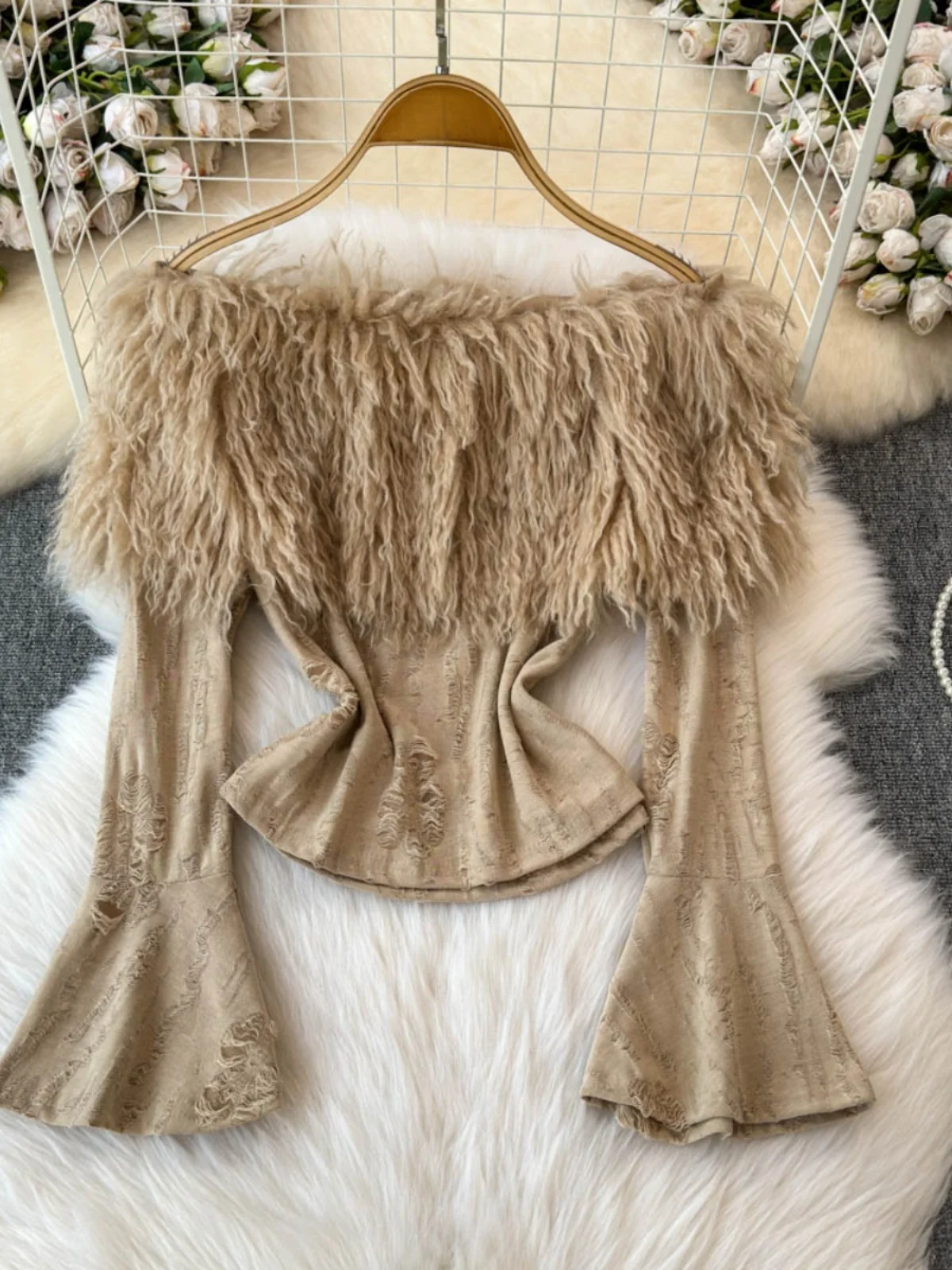 Sweter damski z dzianiny, odkryte ramiona, modny, dopasowany krój, wełniany kołnierz, jesień-zima, nowy, zapach herbaty.