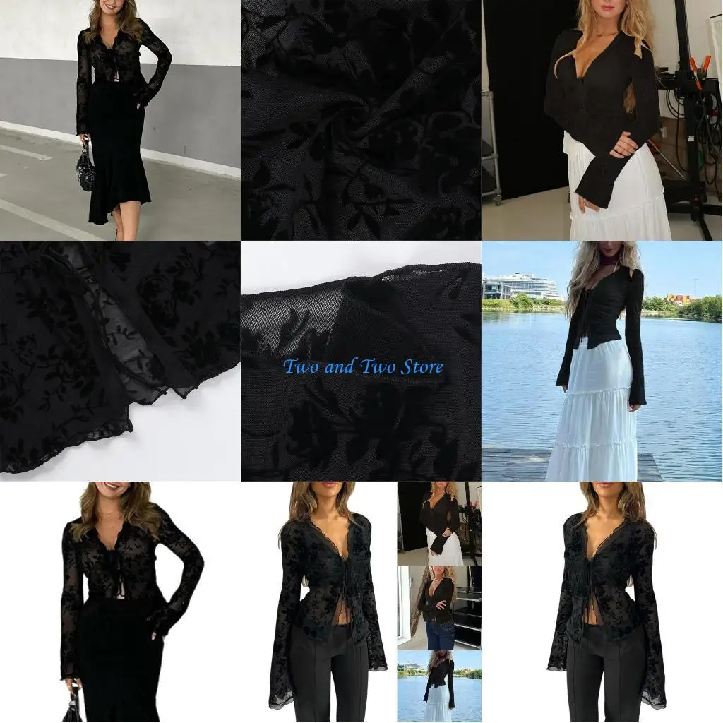 

HX6F Elegant Lace Trimmed Blouse Belled Sleeve Detail Modern Feminine Spring Wardrobe