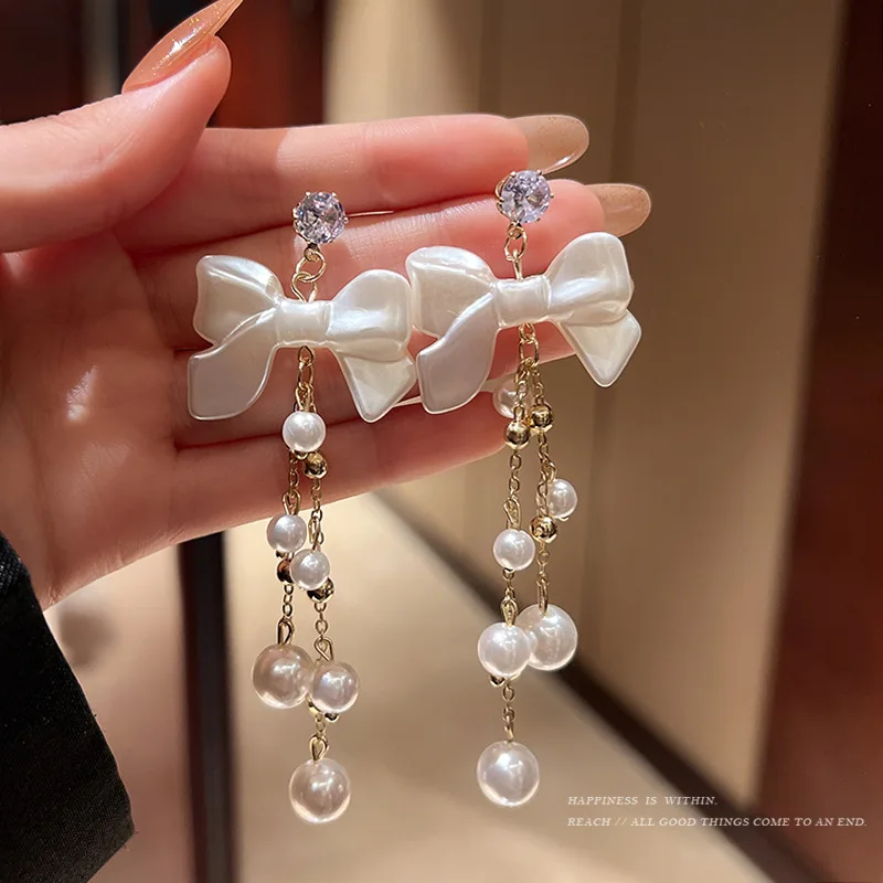 Women Bowknot Style Drop Earrings White Red Black Bowknot Pearl Cute Drop Earrings Gold Plating Crystal Stone Long Girls