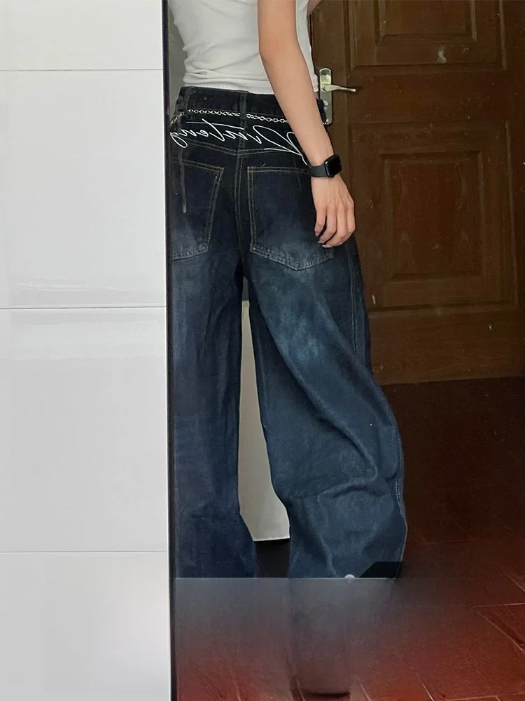 

High Waist American Style Deep Blue Women's Denim Jeans Summer 2026 New Loose Floor-Length Pants Straight Cut Trousers