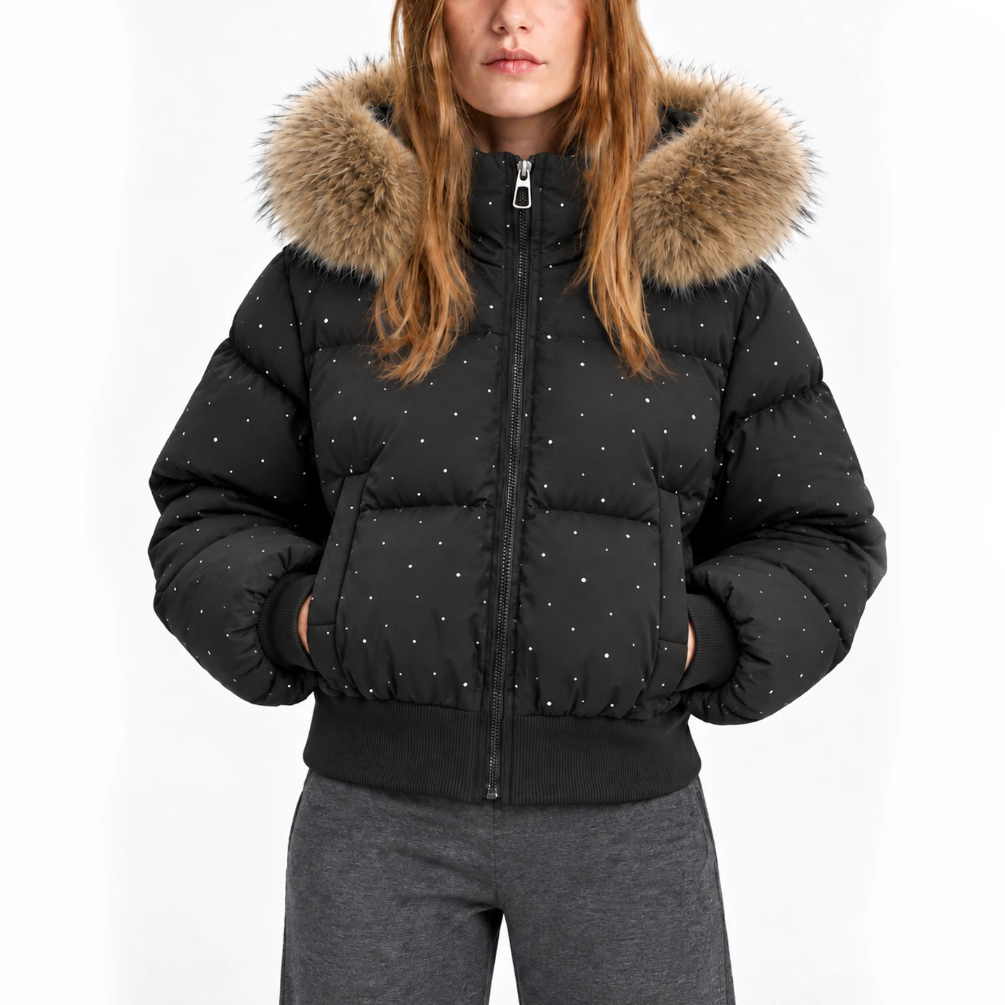 CH Women's Winter Puffer Jacket with Fur Collar Hood Rhinestone Thick Warm Padded Cotton Coat Casual Streetwear Outerwear