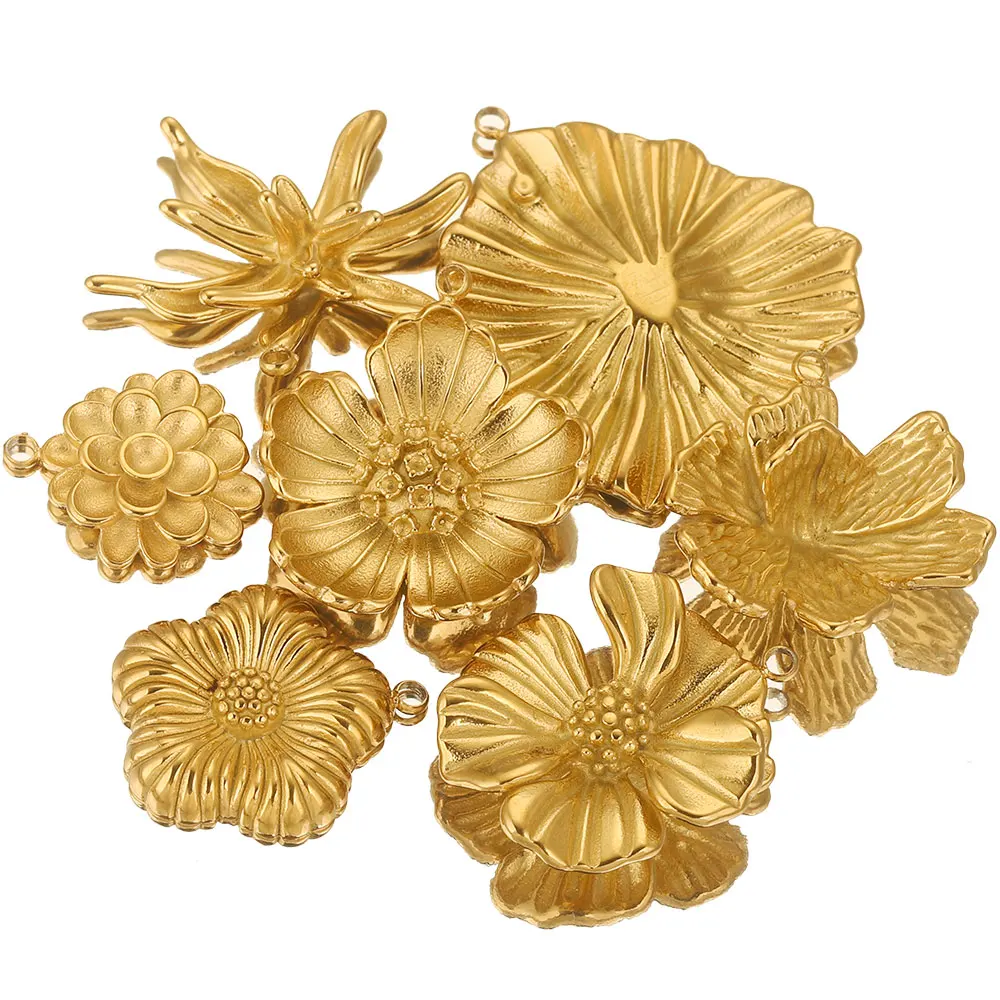 NEW 4PCS/LOT Stainless Steel Charms Large Flower Charm PVD Gold Plated Metal Earring Necklace Bracelet Jewelry Making Wholesale