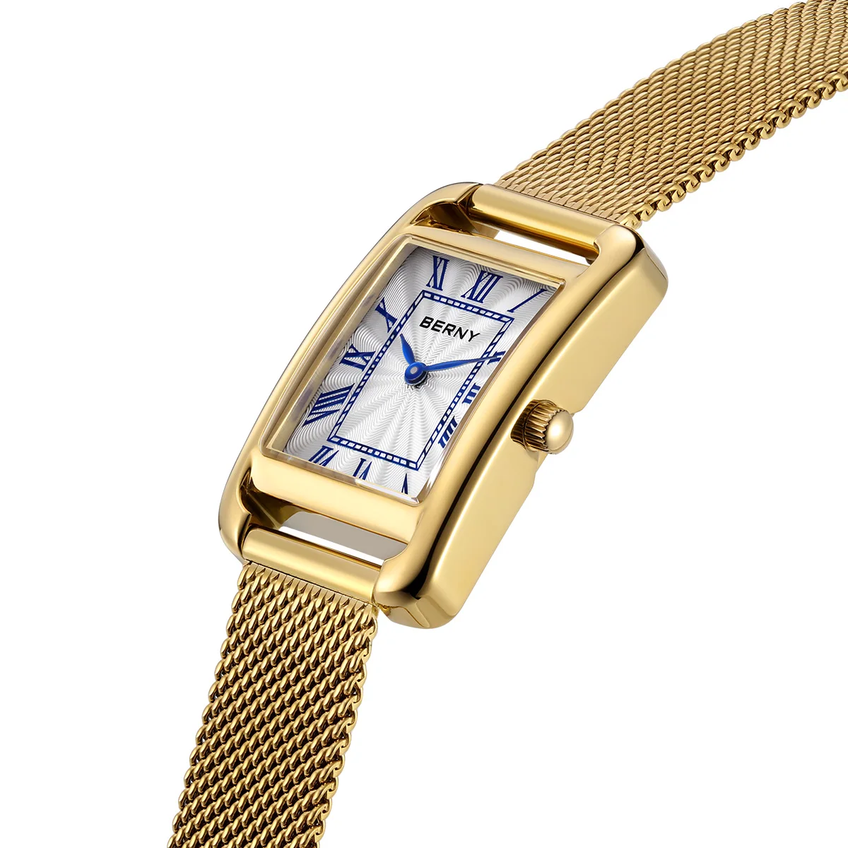 BERNY Women Quartz Rectangle Wristwatch Fashion Versatile Sapphire Ladies Watch Stainless steel Mesh Strap Women Square Watches