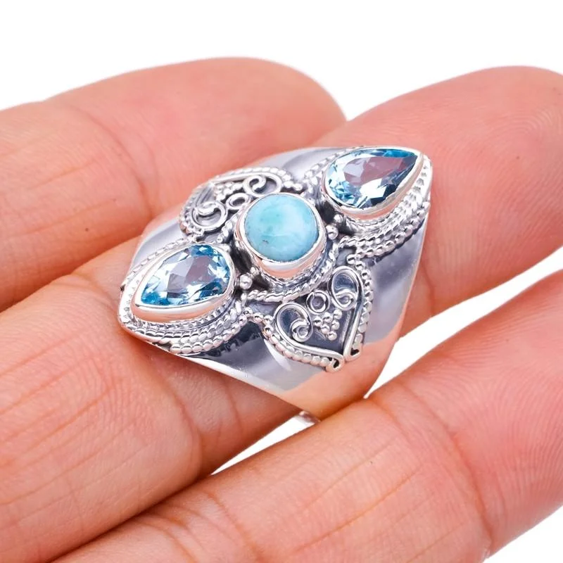 

StarGems® Natural Larimar Blue Topaz Handmade 925 Sterling Silver Ring 10.75 F2784