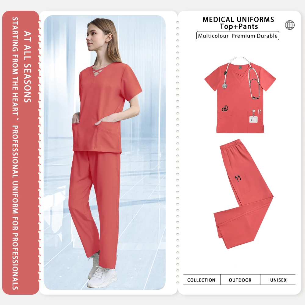 Nuevas uniformes de enfermera de moda, Top con cuello en V de verano, pantalones rectos, conjunto de batas de Hospital, ropa de trabajo quirúrgica médica, trajes de enfermería para dentista