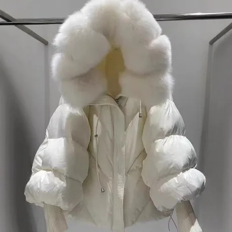 Moda americana elegante gola de pele de raposa com capuz casacos soltos casuais engrossado quente curto jaqueta feminina inverno outerwear casaco