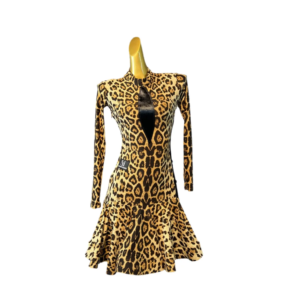 Latin Dancer, Adult And Children'S High-End Customized Backless Strap Leopard Print Dress Tango Samba AB Stone Performance Dress
