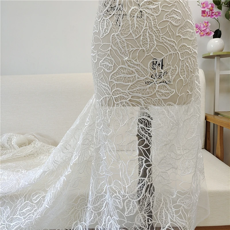 New High-Grade Off-White Mesh Embroidery Lace Fabric Leaves Sequins Curtain Clothing Material Handmade DIY