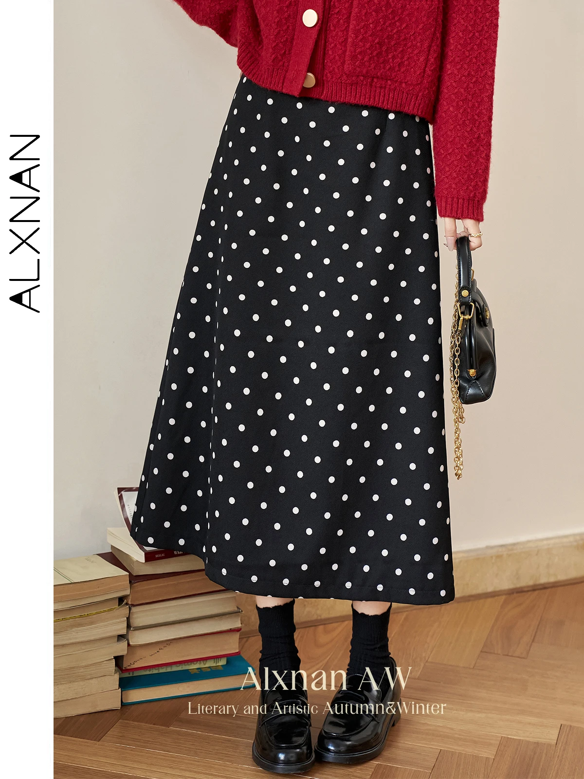 

ALXNAN Women's Black Midi Skirts 2024 Autumn Winter Simple Basics Polka Dot Printing Natural Waist A-line Female Bottoms L51320