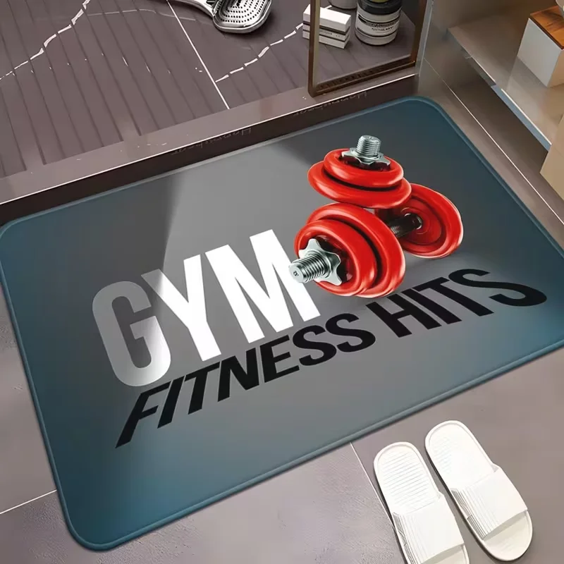 GYM Fitness Dumbbell Doormat Dark Grey Red Weight Equipment Print Non Slip Rectangle Mat Workout Room Gym Entrance Decor