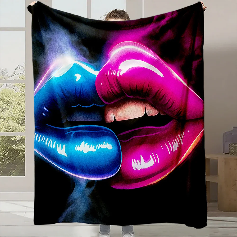 1pc Romantic Lips Print Flannel Blanket - High-Thermal Insulation, Soft & Smooth, All-Season Luxury Bedspread for Women, Men