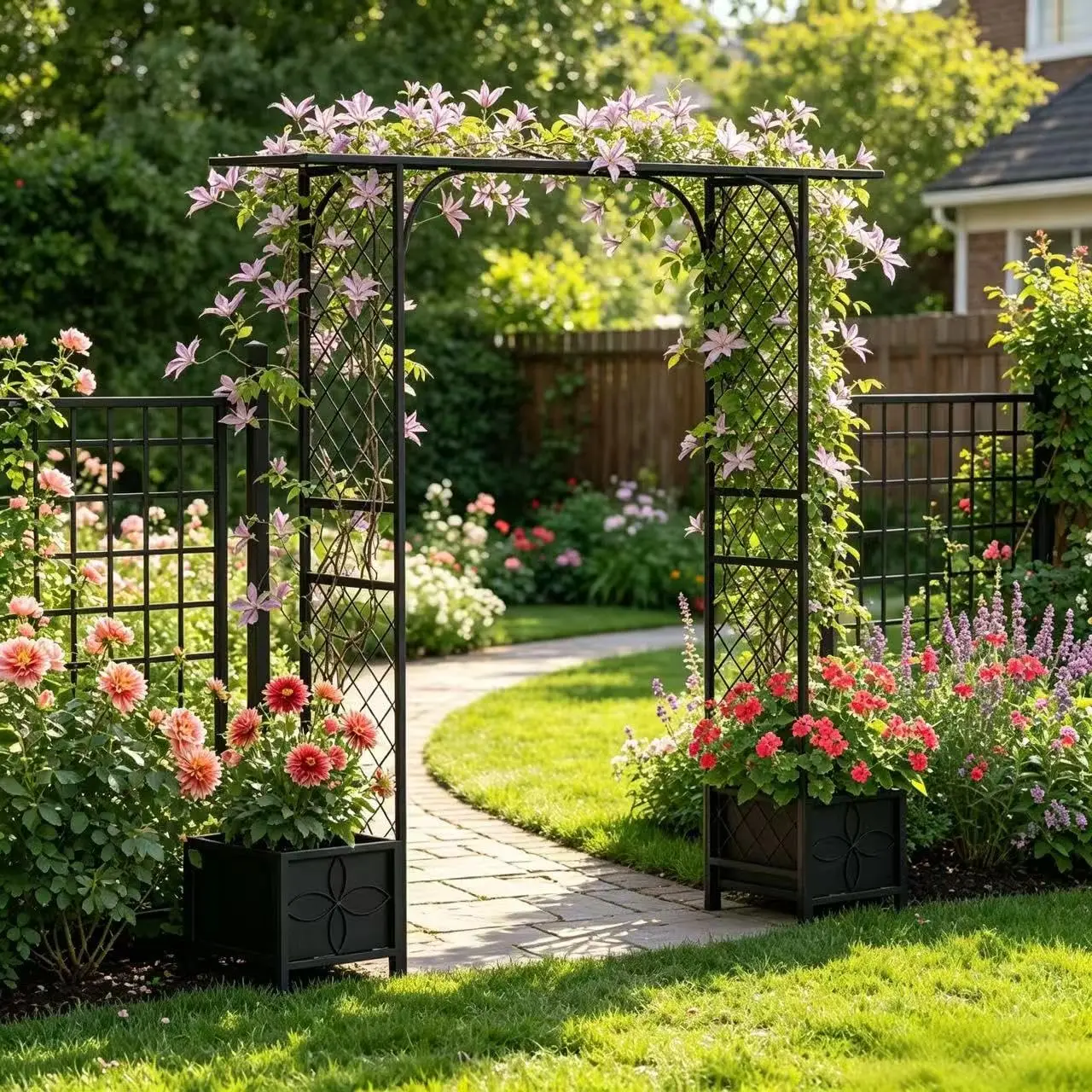 Metal Garden Arbor with Planters, 83.5'' High x 90.5'' Wide, Outdoor Arch for Climbing Plant, Decorations Pergola, Customized