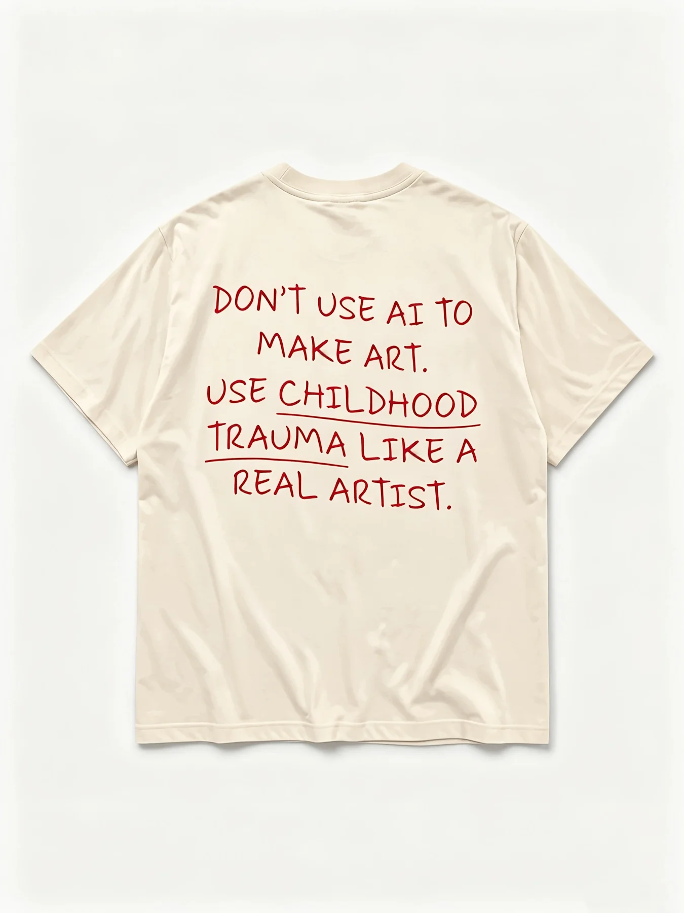 Don't Use AI To Make Art Use Childhood Trauma Like A Real Artist Print Casual Crew Neck Short Sleeve T-shirt Top Women's Men Tee
