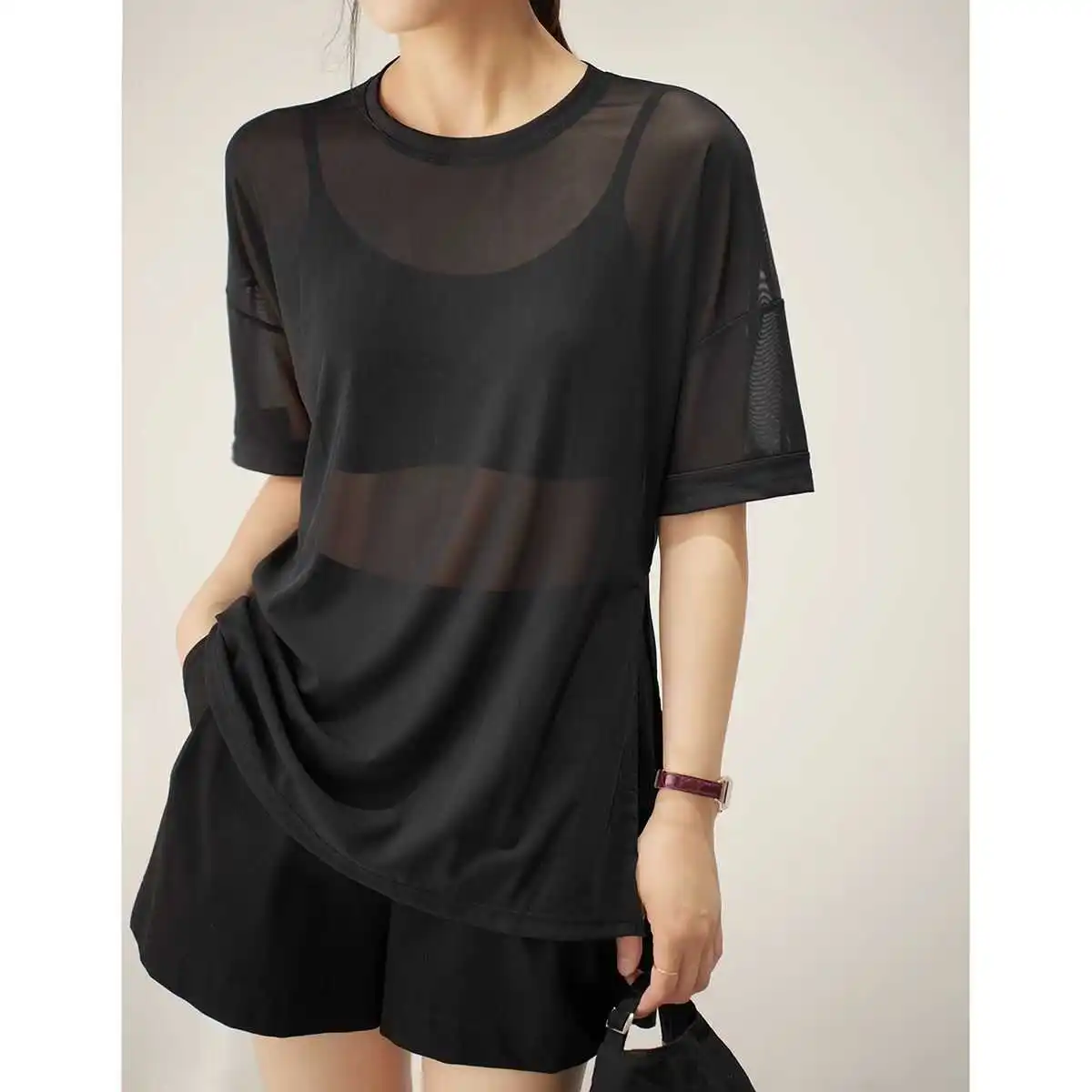 Women's Sporty Mesh Breathable Yoga Top Summer See-through Quick-dry Loose Running Short-sleeve Fitness T-shirt