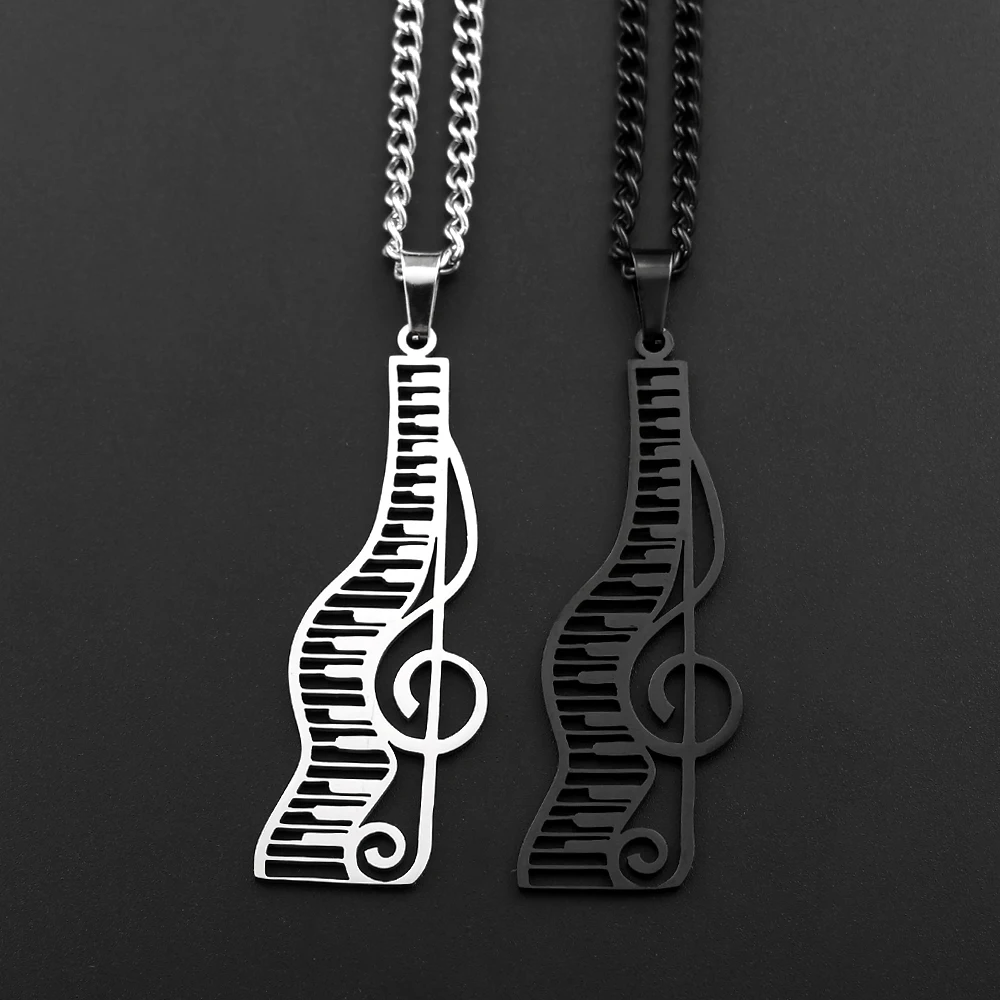 Stainless Steel Treble Clef Piano Keyboard Pendant Necklace Black Music Note Necklace Jewelry Gift for Men Musician Piano Lover