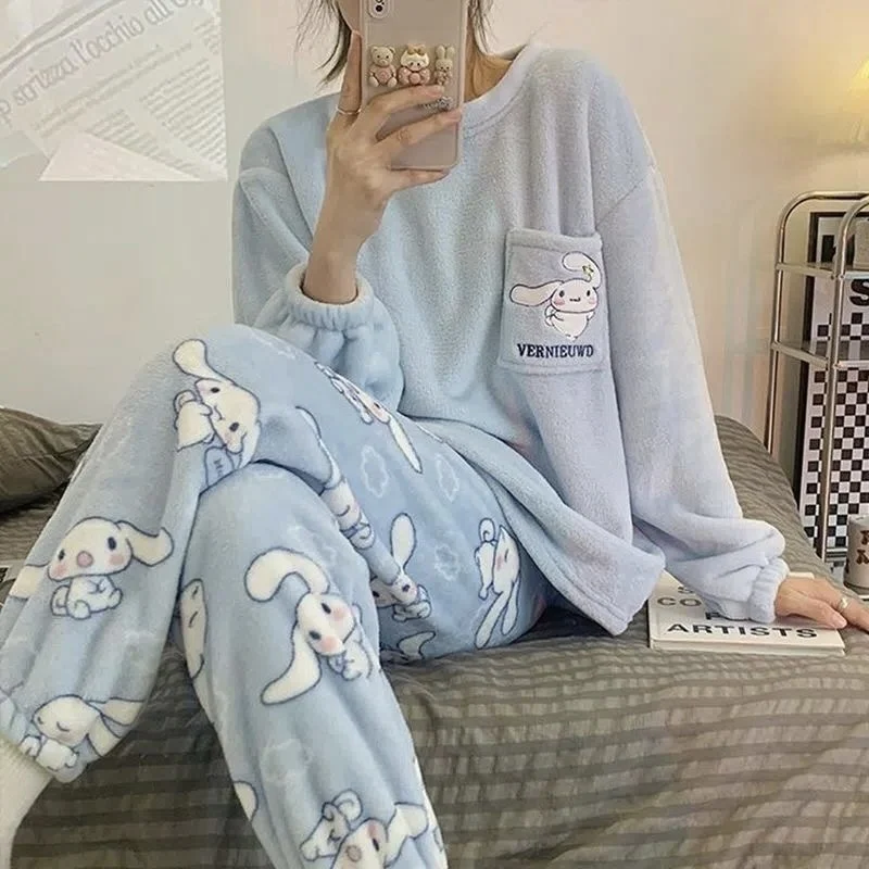 New Sanrio Cinnamoroll Kawaii Cartoon Pajama Sets Winter Warm Thickened Woman Clothes Plush Homewear Cute Sleepwear Loungewear