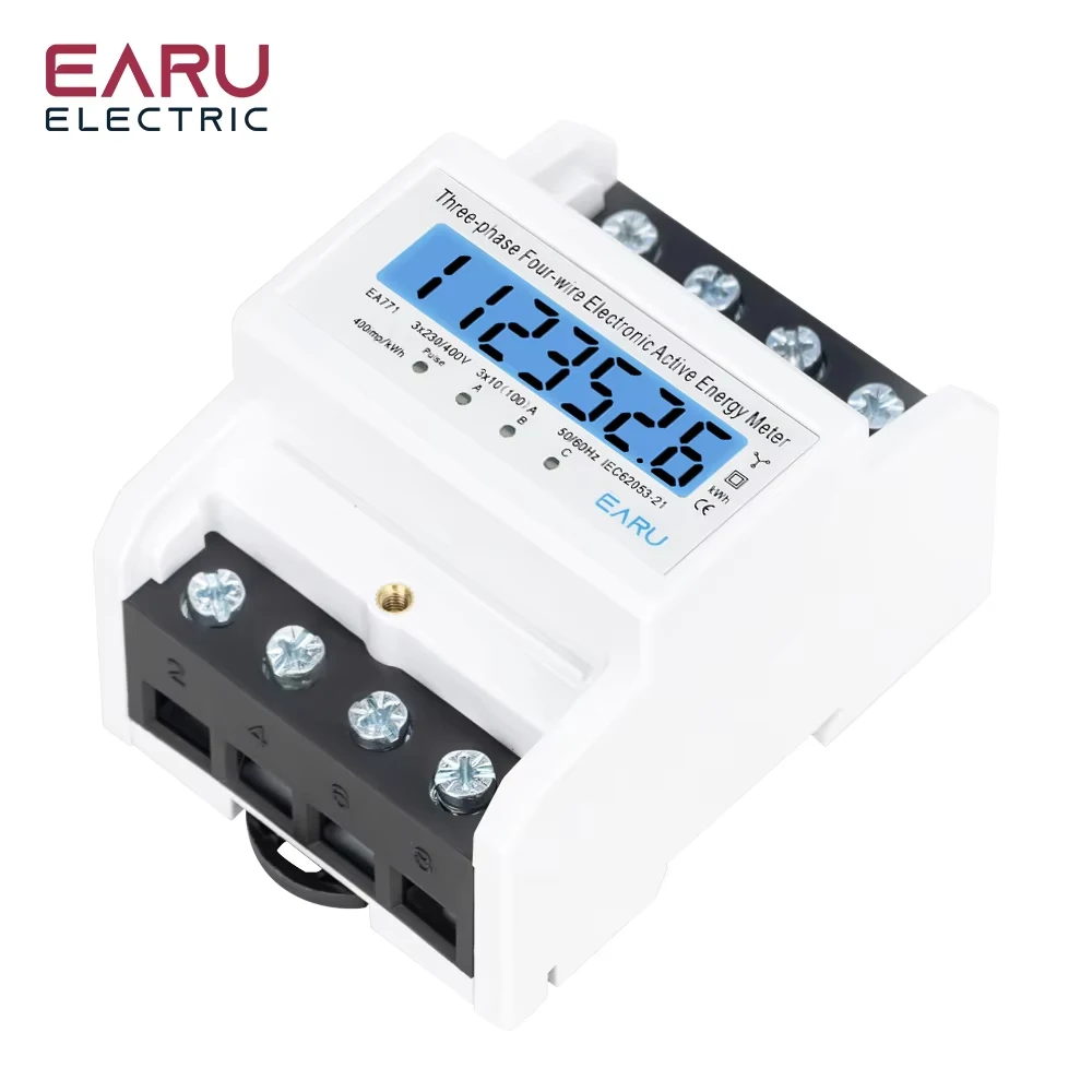 Din Rail 380V 3 Phase 4 Wire Energy Meter Power Consumption Monitor kWh Meter Wattmeter Bivolt 100A AC 50Hz 60Hz LCD Backlight view 5