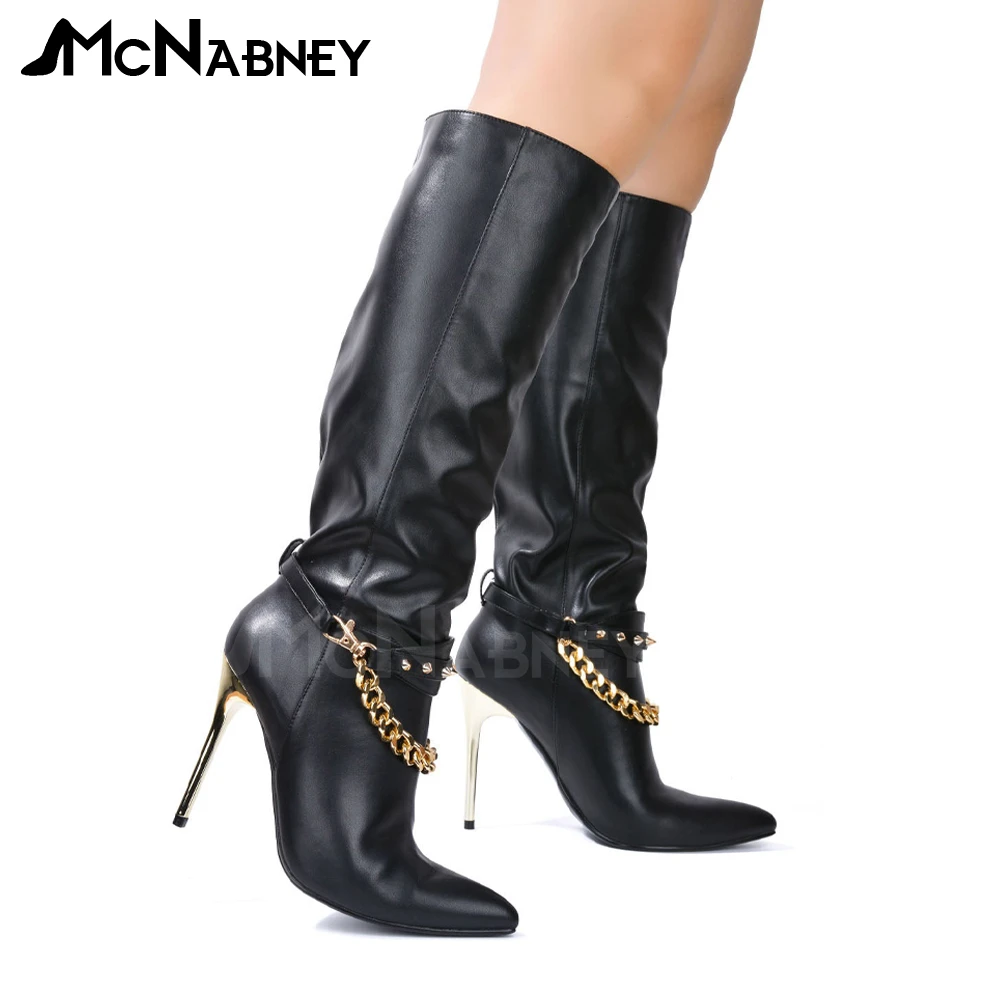 

Metal Chain Knee Boots Pointed Toe Stiletto Zipper Boots Punk Style Leather Boots Autumn Winter Brown Milk Pattern Shoes Custom