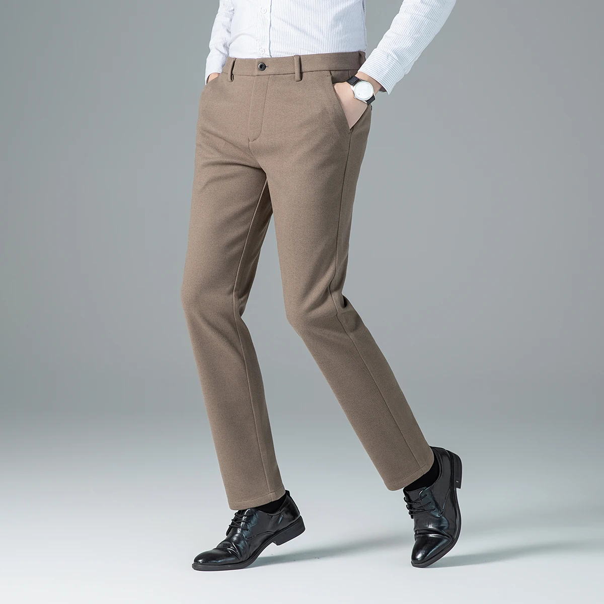 Winter Men Thermal Straight Pant Gray Khaki Black Thick Warm Trouser Business Casual Style Cosy Underwear Simple Basic Look