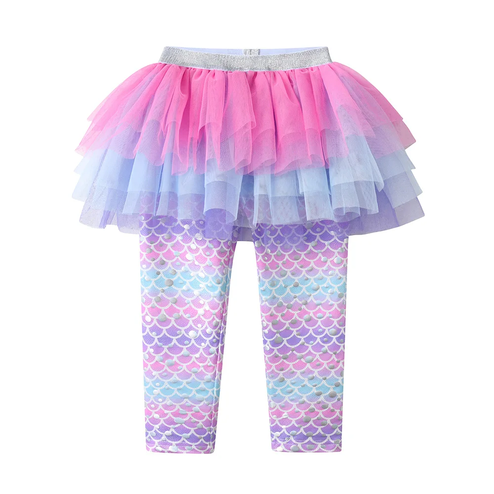 VIKITA Kinderhose, Mädchen-Leggings mit Meerjungfrau-Aufdruck und Tutu-Röcken, gefälschte 2-teilige Hose, modische Hose für Mädchen, Netzhose, Röcke – Detail 2