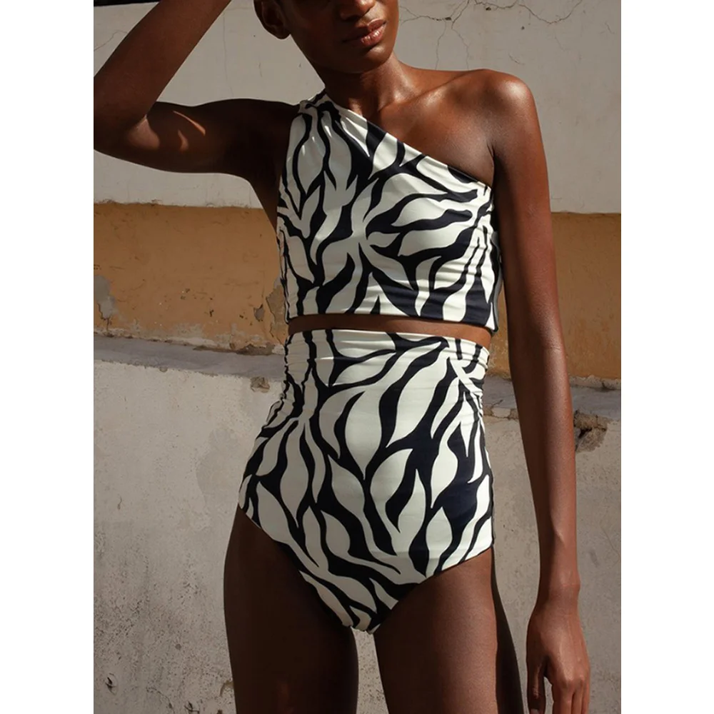 Vintage One-Shoulder Print Beach Bikini Backless Tight Lace Stripe Cutout 2022 Swimsuit Women Swimwear 2022 Luxury