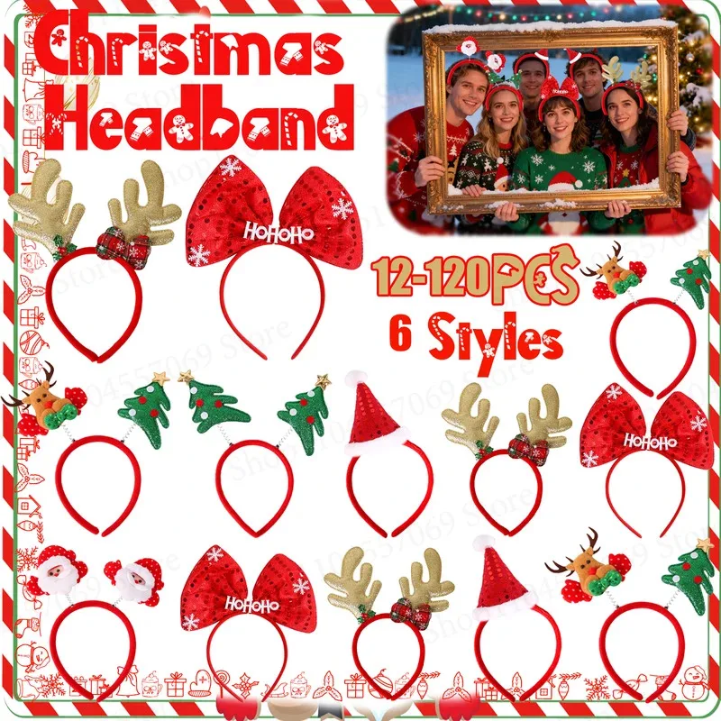

12-120Pcs Christmas Headband Christmas Party Decorations Reindeer Antlers Snowman Santa Claus Hair Band New Year Favors
