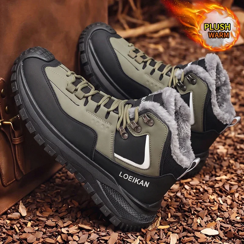 LOEIKAN Men Winter High‑top Boots Plush Lined Warm Lace‑up Thick Sole Non‑slip Ankle Boots Daily Casual Snow Footwear