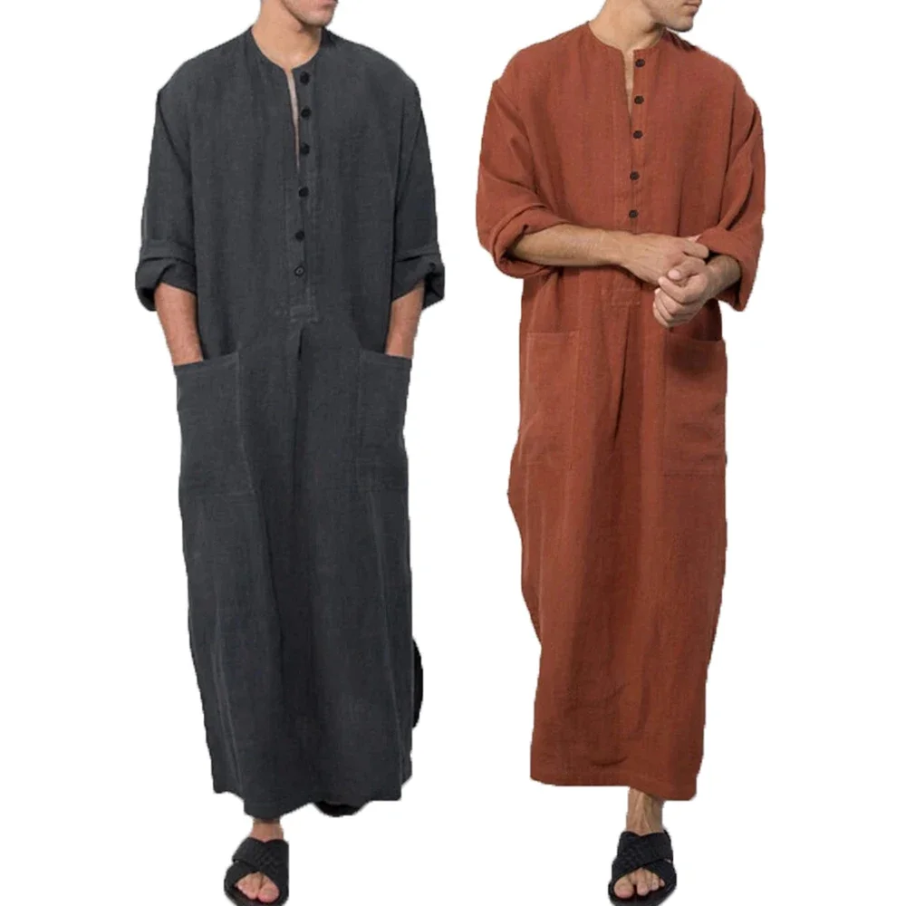 

Men Muslim Clothing Jubba Thobe Solid Long Sleeve Solid Color Vintage Robe Kaftan Islamic Arabic Kaftan Saudi Arabia Thobe S-5XL